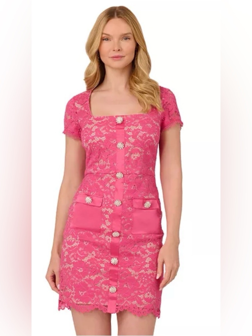 Adrianna Papell Hot Pink Lace Button-Front Short Dress - Picture 2 of 7